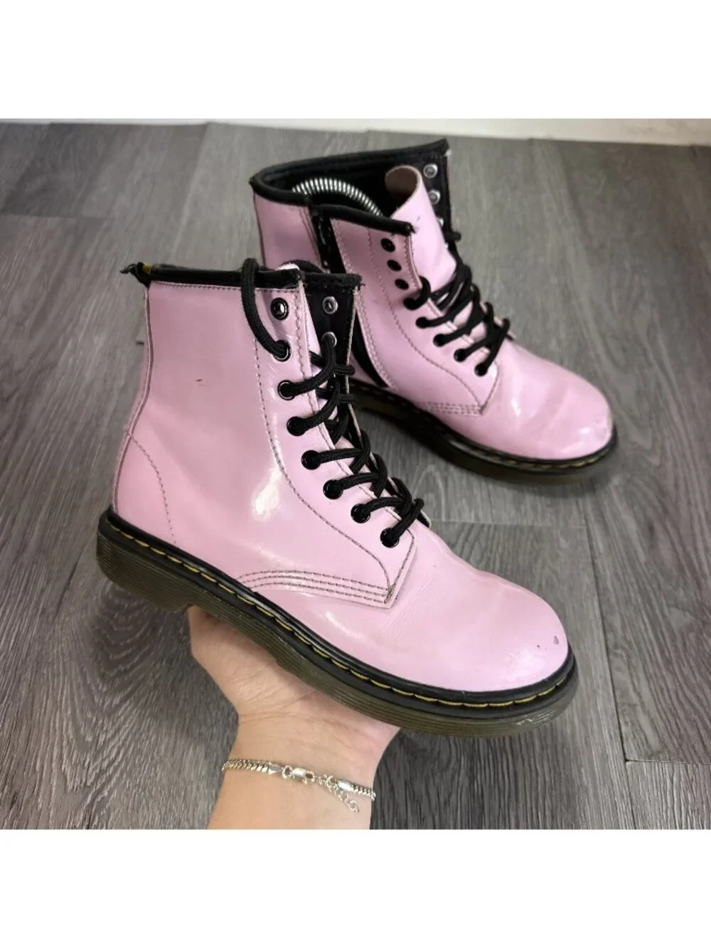 Dr. Martens 1460 J Pink Leather Round Toe Lace Up/Zip Ankle Boots Kids Sz 2 Read